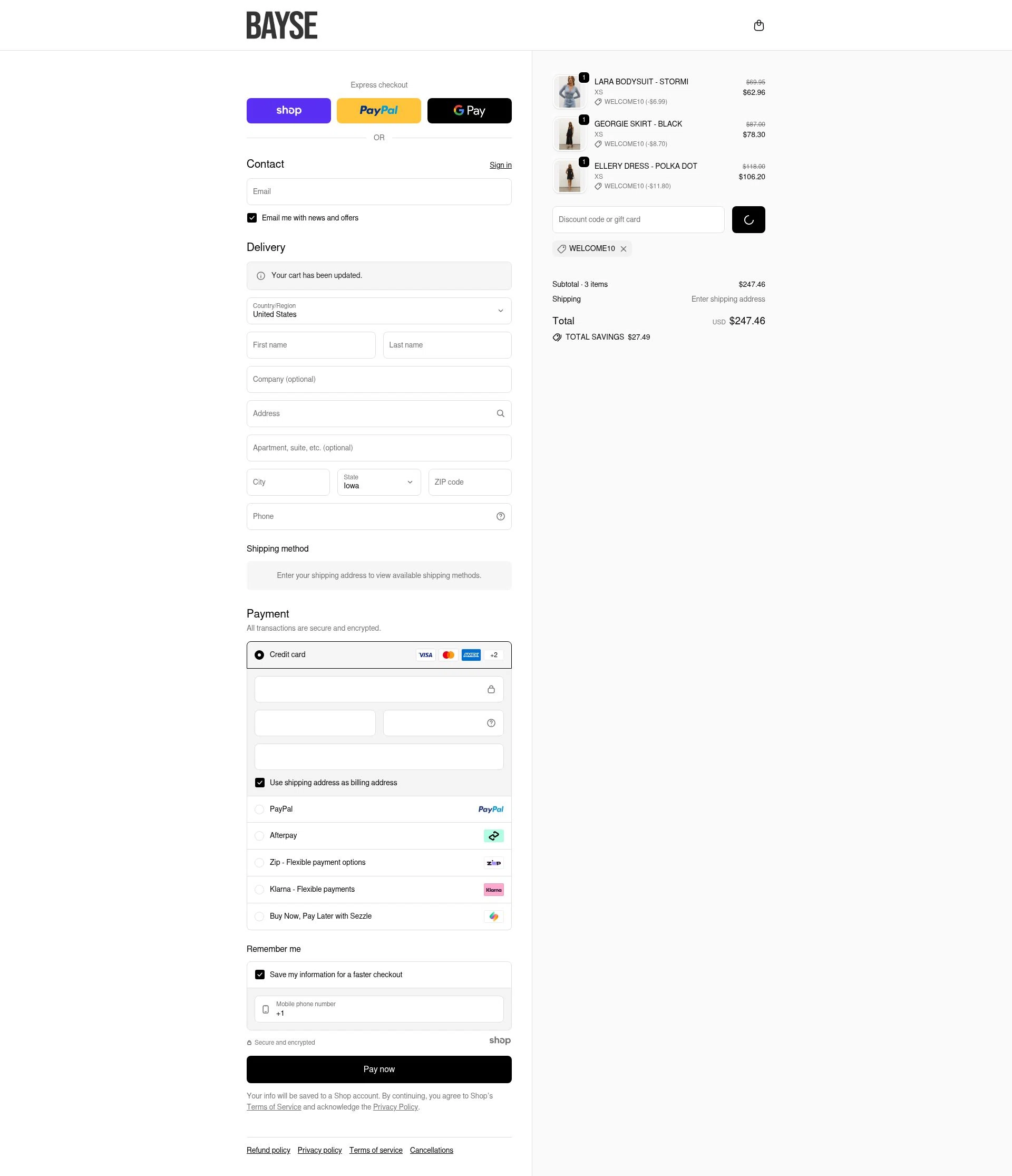 Bayse checkout page showing Bayse discount code box | Screenshot taken by SimplyCodes community member on Jan 9, 2026