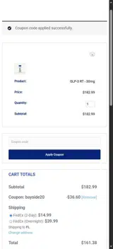 Bayside Peptides coupon verification screenshot