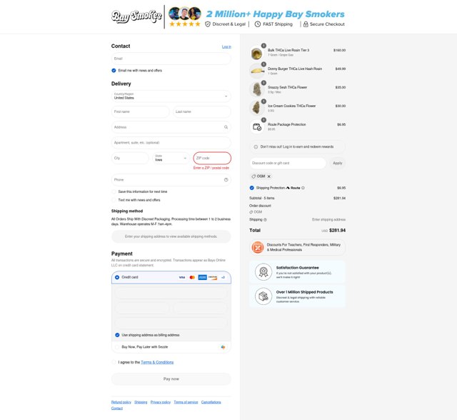 Bay Smokes checkout page showing Bay Smokes discount code box | Screenshot taken by SimplyCodes community member on Sep 4, 2025