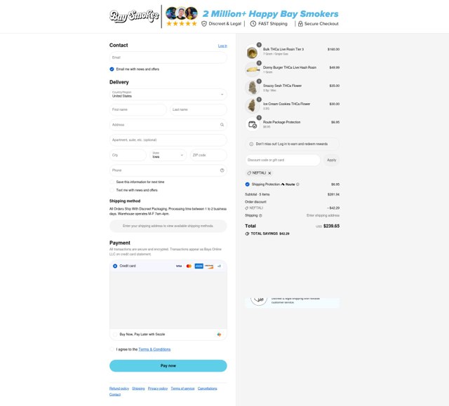 Bay Smokes checkout page showing Bay Smokes discount code box | Screenshot taken by SimplyCodes community member on Sep 4, 2025