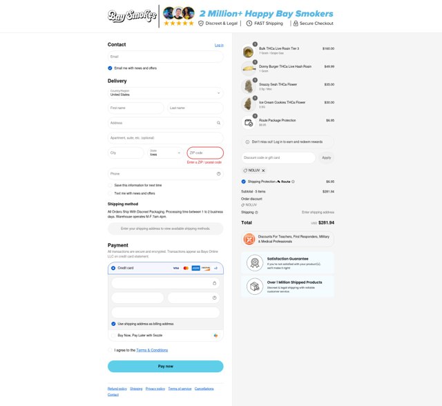 Bay Smokes checkout page showing Bay Smokes discount code box | Screenshot taken by SimplyCodes community member on Sep 4, 2025
