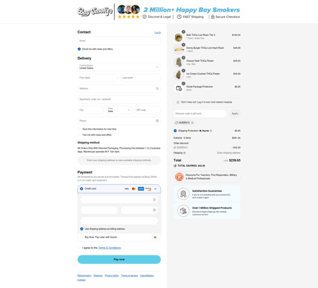 Bay Smokes checkout page showing Bay Smokes discount code box | Screenshot taken by SimplyCodes community member on Sep 4, 2025