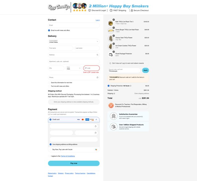 Bay Smokes checkout page showing Bay Smokes discount code box | Screenshot taken by SimplyCodes community member on Sep 4, 2025