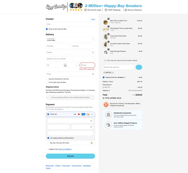Bay Smokes checkout page showing Bay Smokes discount code box | Screenshot taken by SimplyCodes community member on Sep 8, 2025
