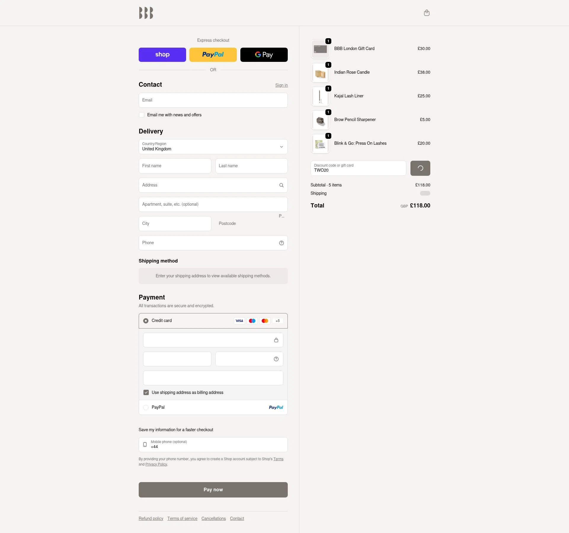 BBB London checkout page showing BBB London discount code box | Screenshot taken by SimplyCodes community member on Feb 12, 2026