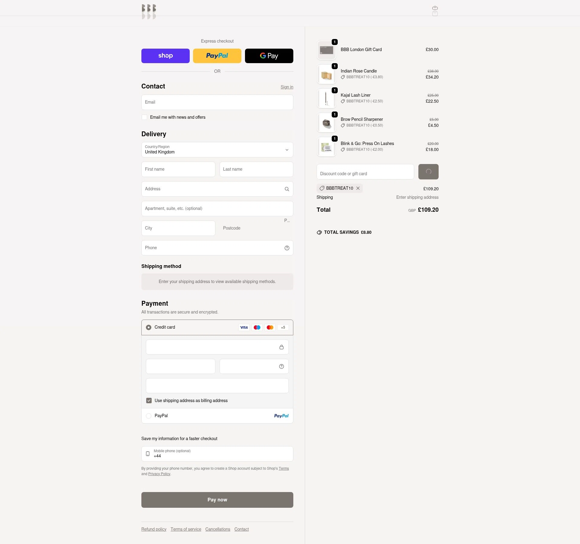 BBB London checkout page showing BBB London discount code box | Screenshot taken by SimplyCodes community member on Feb 10, 2026