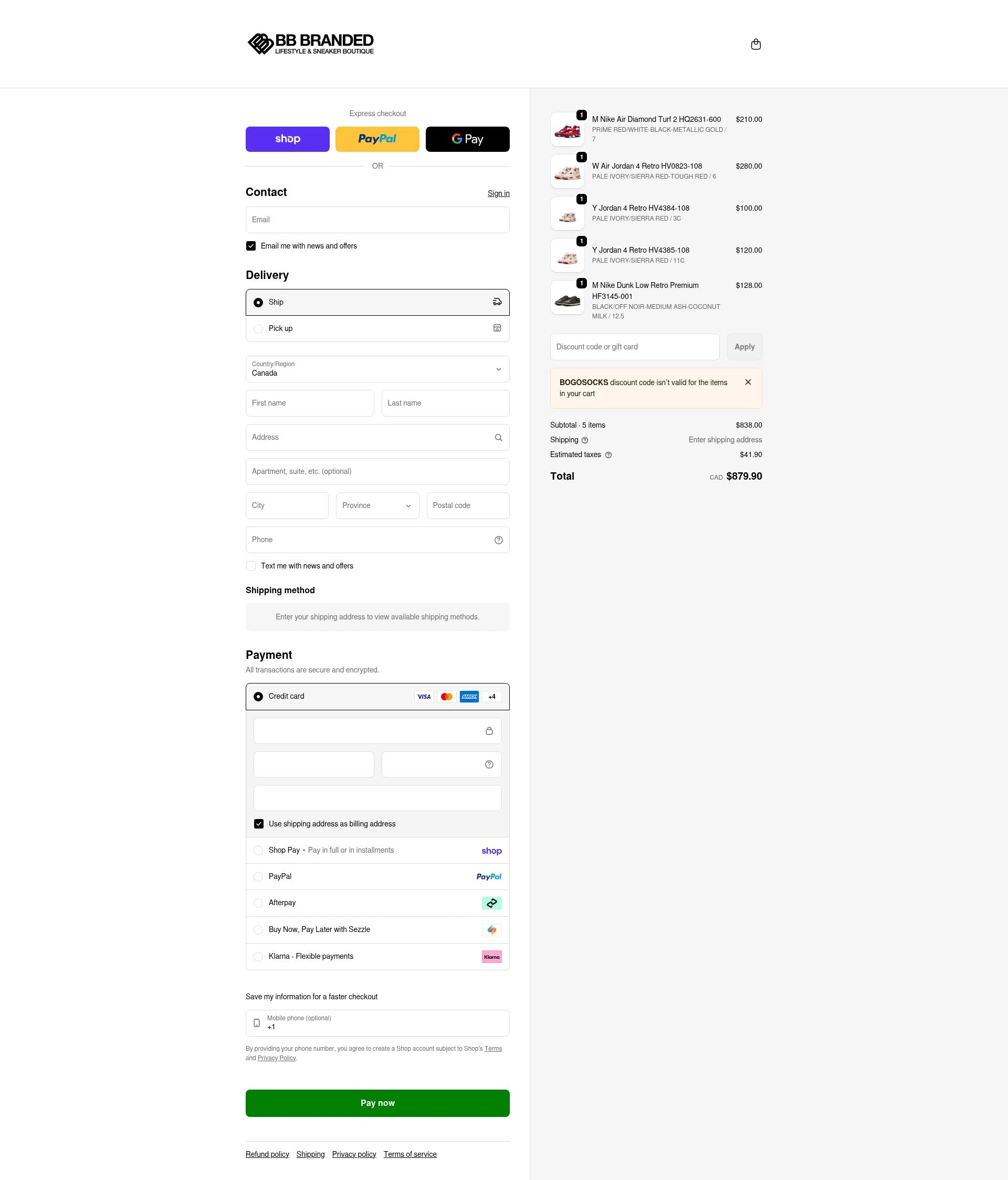 BB Branded Boutique checkout page showing BB Branded Boutique promo code box | Screenshot taken by SimplyCodes community member on Feb 11, 2026