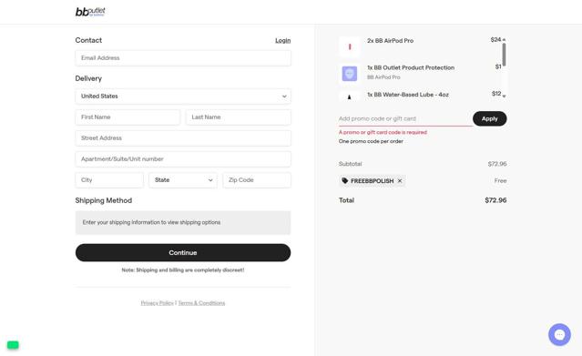 BB Outlet checkout page showing BB Outlet promo code box | Screenshot taken by SimplyCodes community member on Jul 24, 2025