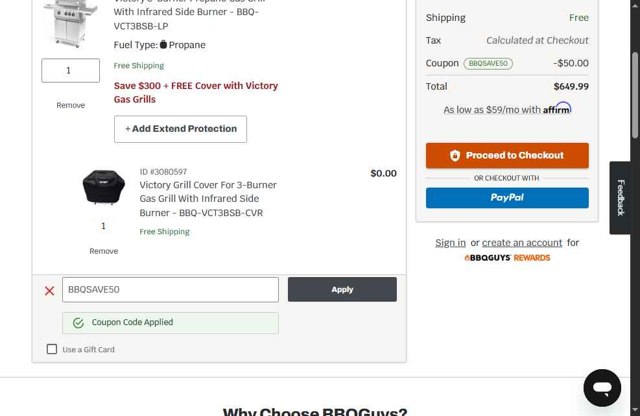 BBQGuys checkout page showing BBQGuys coupon code box | Screenshot taken by SimplyCodes community member on May 9, 2025