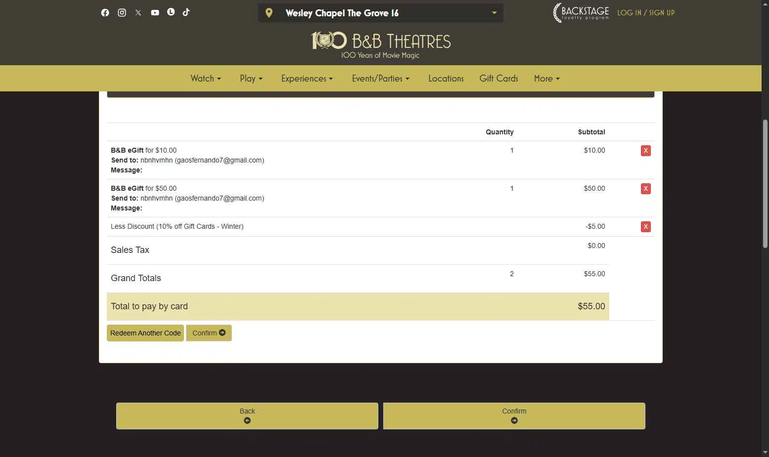 B&B Theatres checkout page showing B&B Theatres promo code box | Screenshot taken by SimplyCodes community member on Dec 1, 2025