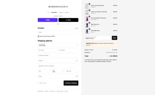 BCBGMAXAZRIA checkout page showing BCBGMAXAZRIA promo code box | Screenshot taken by SimplyCodes community member on Sep 12, 2025