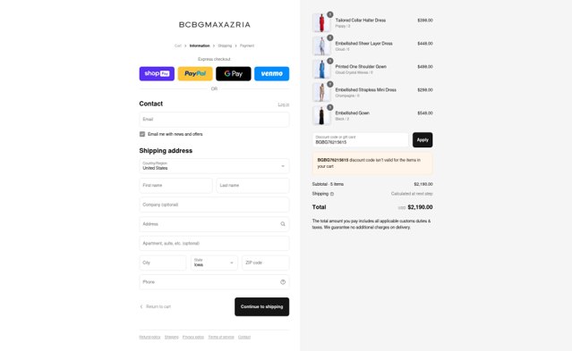 BCBGMAXAZRIA checkout page showing BCBGMAXAZRIA promo code box | Screenshot taken by SimplyCodes community member on Aug 27, 2025
