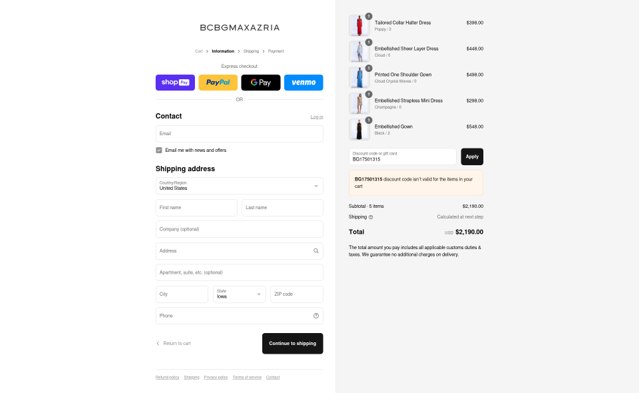 BCBGMAXAZRIA checkout page showing BCBGMAXAZRIA promo code box | Screenshot taken by SimplyCodes community member on Aug 27, 2025