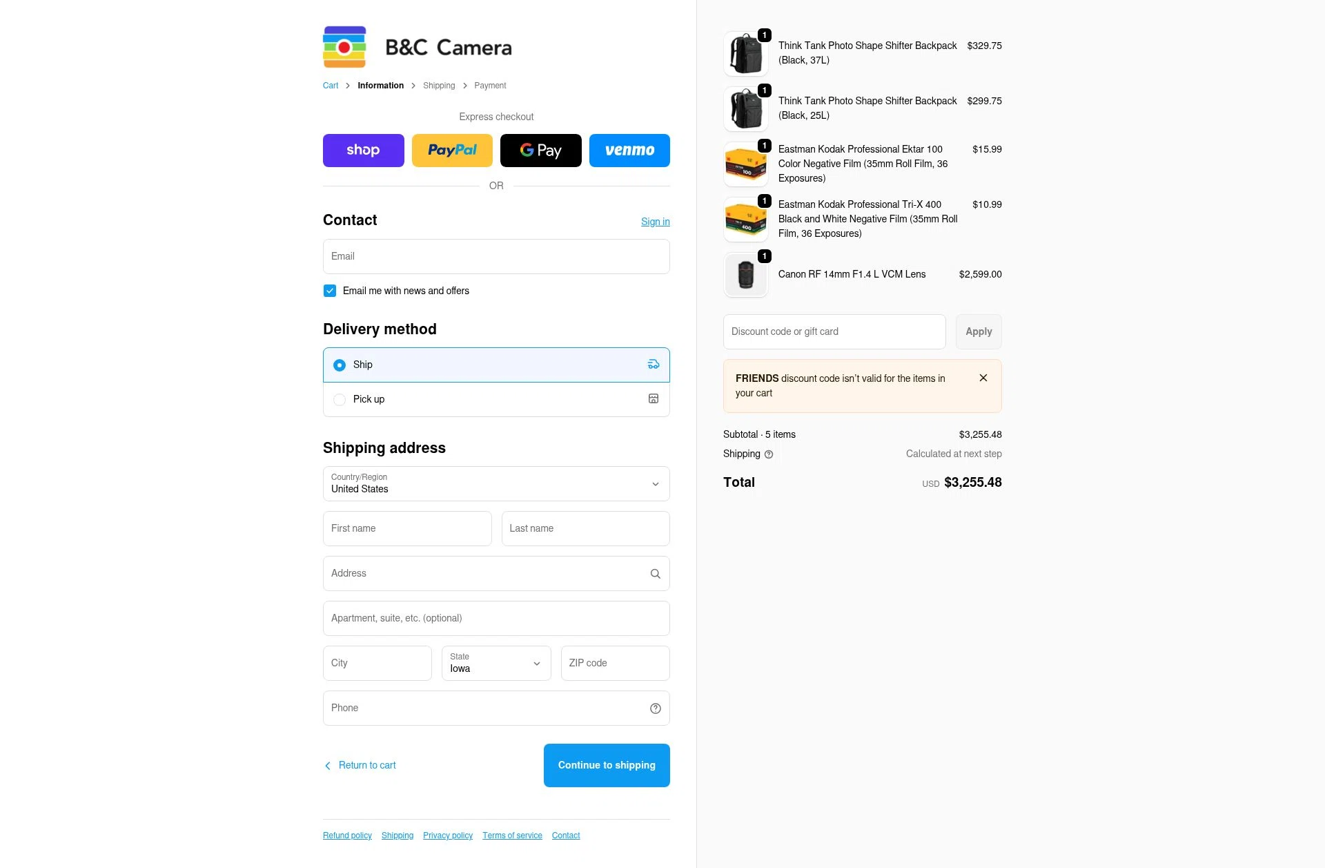 B&C Camera checkout page showing B&C Camera promo code box | Screenshot taken by SimplyCodes community member on Feb 10, 2026