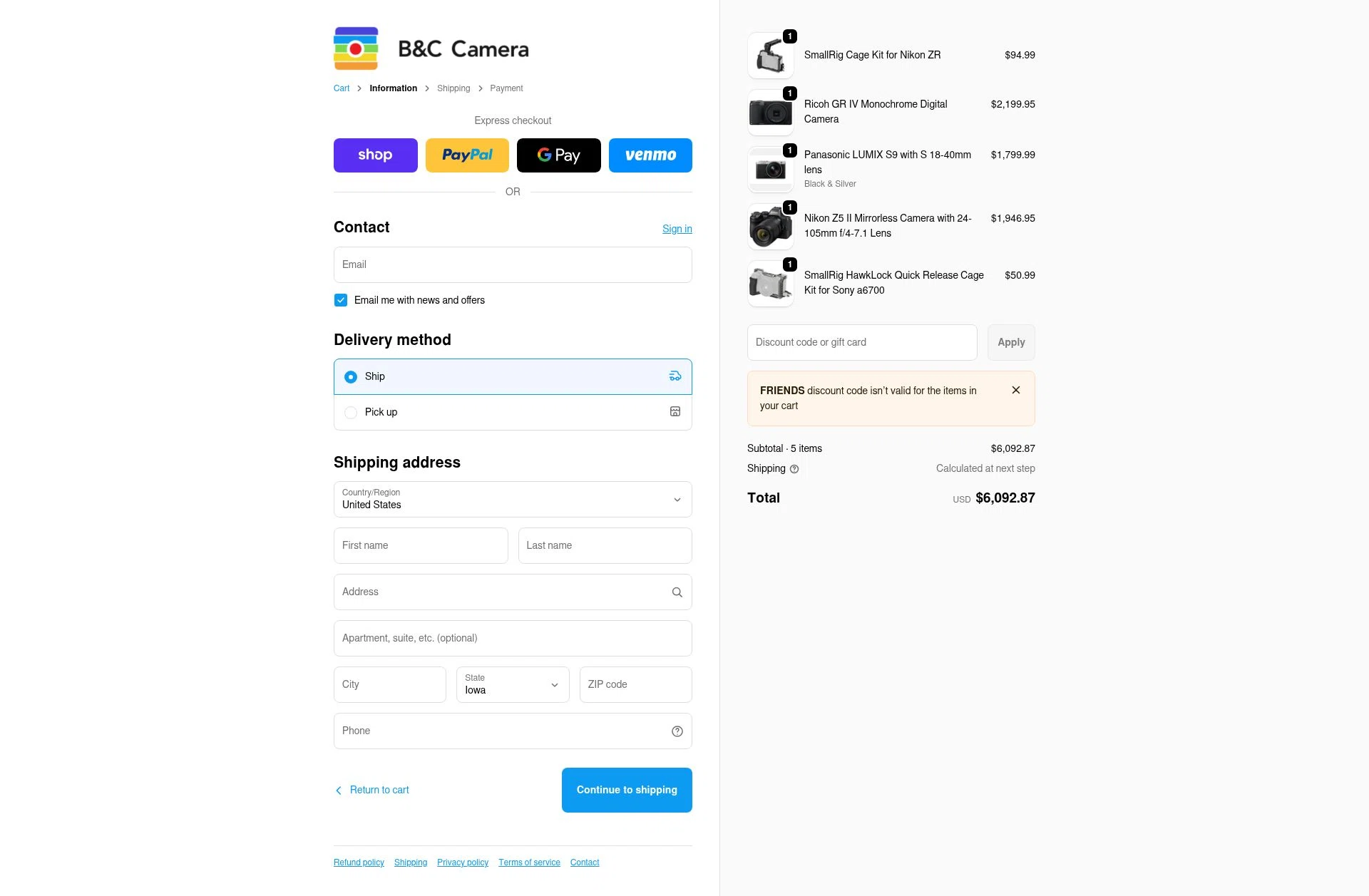 B&C Camera checkout page showing B&C Camera promo code box | Screenshot taken by SimplyCodes community member on Jan 23, 2026