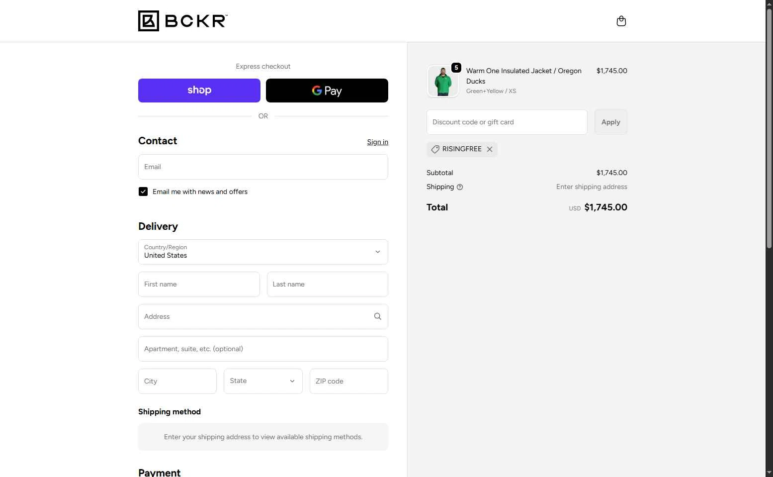 BCKR checkout page showing BCKR promo code box | Screenshot taken by SimplyCodes community member on Dec 14, 2025