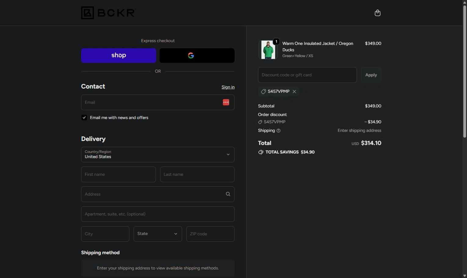 BCKR checkout page showing BCKR promo code box | Screenshot taken by SimplyCodes community member on Dec 13, 2025
