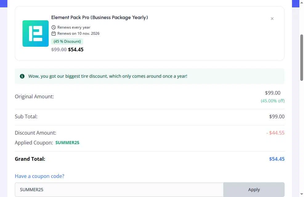 BdThemes checkout page showing BdThemes promo code box | Screenshot taken by SimplyCodes community member on Nov 10, 2025