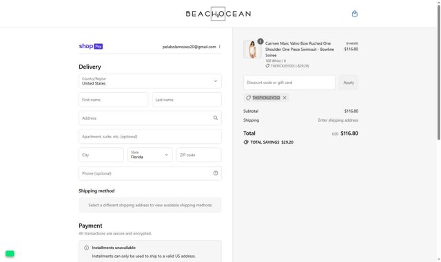 Beach2Ocean checkout page showing Beach2Ocean promo code box | Screenshot taken by SimplyCodes community member on Aug 26, 2025