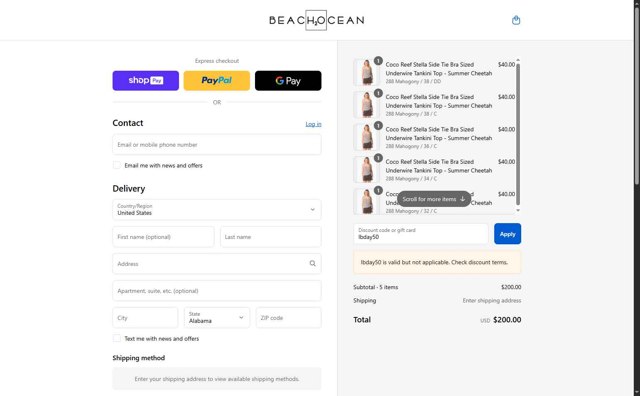Beach2Ocean checkout page showing Beach2Ocean promo code box | Screenshot taken by SimplyCodes community member on Aug 20, 2025