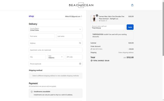Beach2Ocean checkout page showing Beach2Ocean promo code box | Screenshot taken by SimplyCodes community member on Sep 13, 2025
