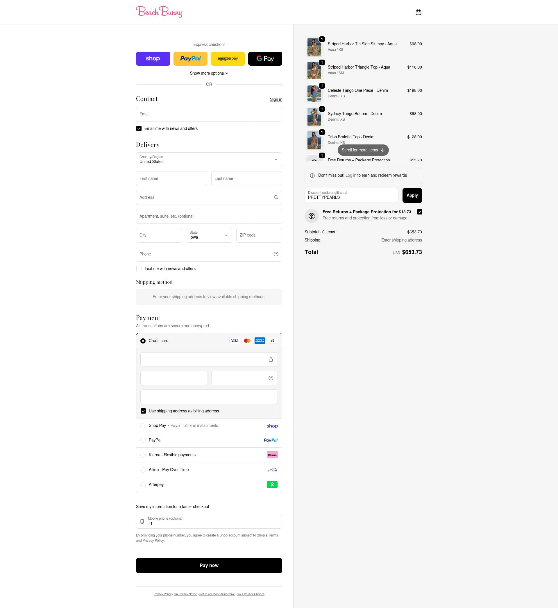 Beach Bunny checkout page showing Beach Bunny discount code box | Screenshot taken by SimplyCodes community member on Feb 18, 2026