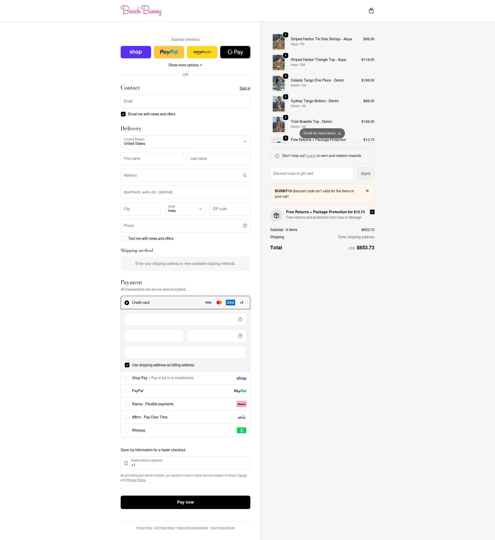 Beach Bunny checkout page showing Beach Bunny discount code box | Screenshot taken by SimplyCodes community member on Feb 14, 2026