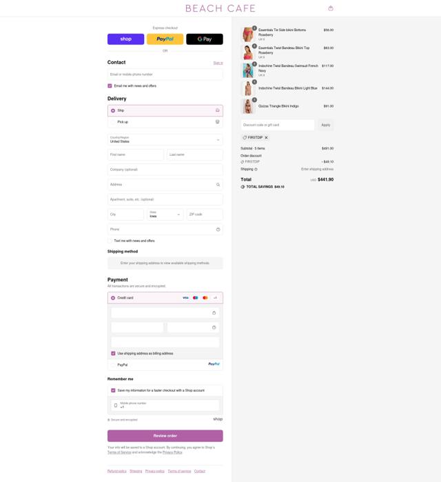 Beach Cafe checkout page showing Beach Cafe discount code box | Screenshot taken by SimplyCodes community member on Sep 12, 2025