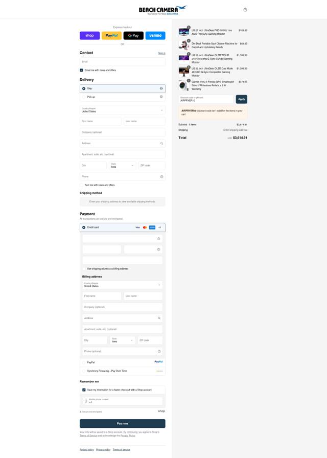Beach Camera checkout page showing Beach Camera discount code box | Screenshot taken by SimplyCodes community member on Sep 14, 2025