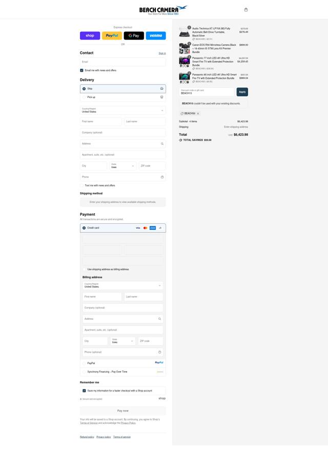 Beach Camera checkout page showing Beach Camera discount code box | Screenshot taken by SimplyCodes community member on Sep 10, 2025