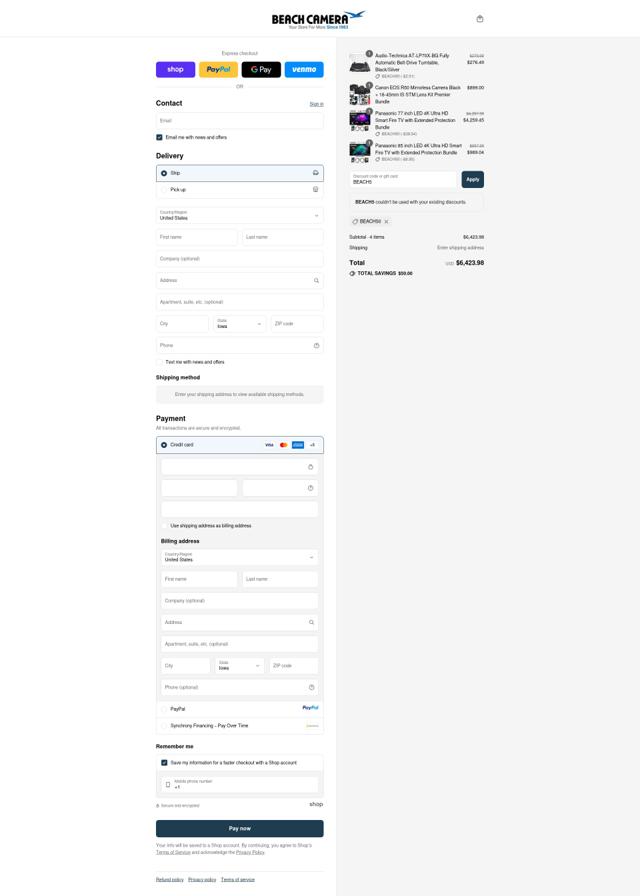Beach Camera checkout page showing Beach Camera discount code box | Screenshot taken by SimplyCodes community member on Sep 10, 2025