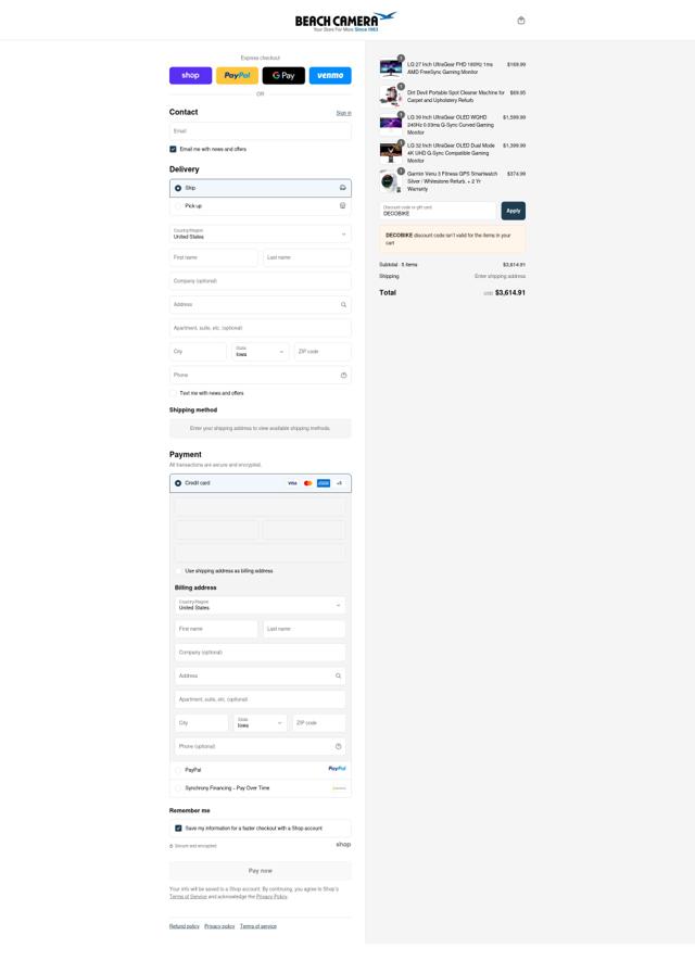 Beach Camera checkout page showing Beach Camera discount code box | Screenshot taken by SimplyCodes community member on Sep 14, 2025