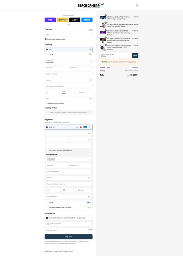 Beach Camera checkout page showing Beach Camera discount code box | Screenshot taken by SimplyCodes community member on Sep 14, 2025