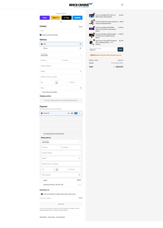 Beach Camera checkout page showing Beach Camera discount code box | Screenshot taken by SimplyCodes community member on Sep 14, 2025