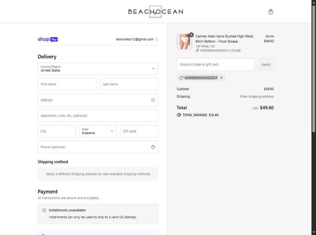 Beach House Swimwear checkout page showing Beach House Swimwear coupon code box | Screenshot taken by SimplyCodes community member on Aug 22, 2025