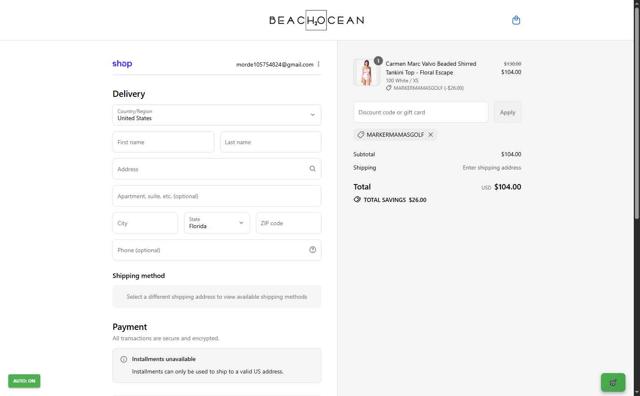 Beach House Swimwear checkout page showing Beach House Swimwear coupon code box | Screenshot taken by SimplyCodes community member on Sep 13, 2025