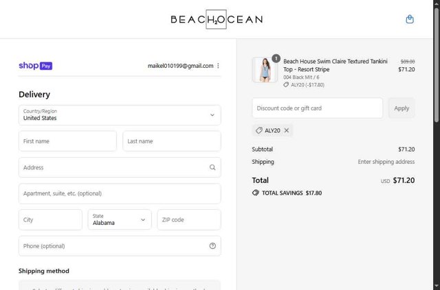 Beach House Swimwear checkout page showing Beach House Swimwear coupon code box | Screenshot taken by SimplyCodes community member on Aug 26, 2025