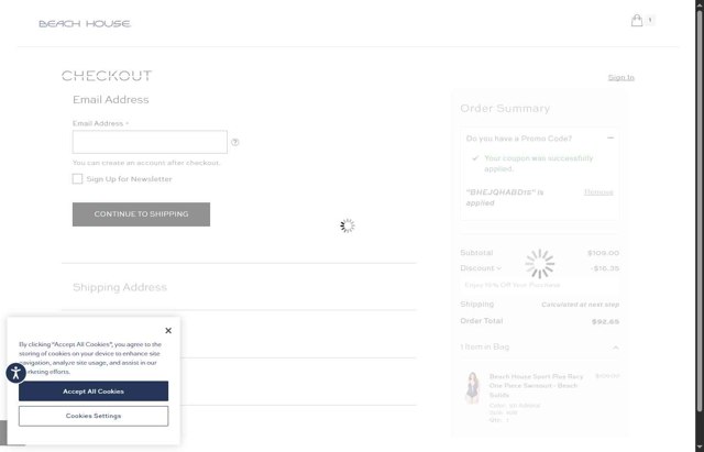 Beach House Swimwear checkout page showing Beach House Swimwear coupon code box | Screenshot taken by SimplyCodes community member on Aug 11, 2025
