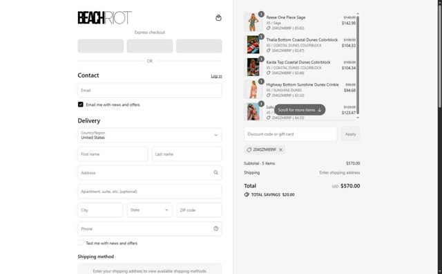 Beach Riot checkout page showing Beach Riot promo code box | Screenshot taken by SimplyCodes community member on Aug 25, 2025