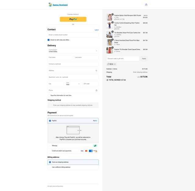 Beachsissi checkout page showing Beachsissi coupon code box | Screenshot taken by SimplyCodes community member on Aug 29, 2025