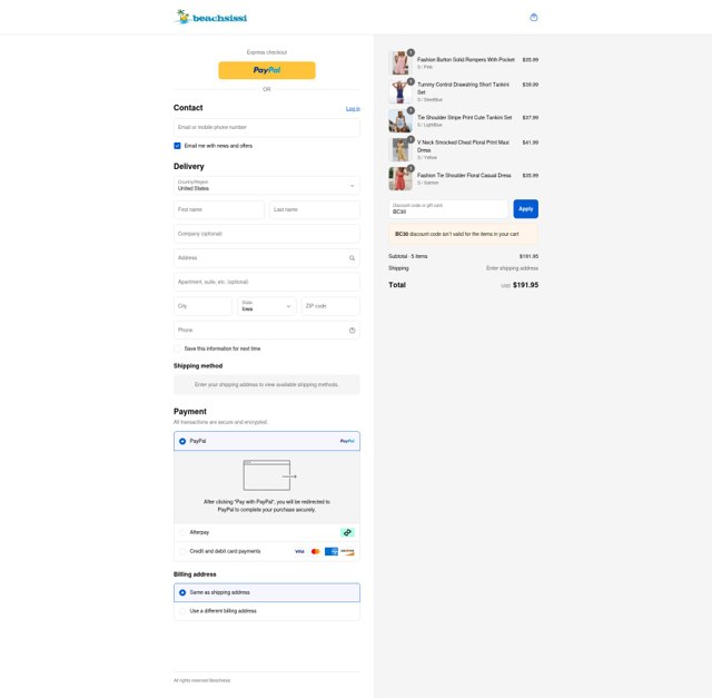 Beachsissi checkout page showing Beachsissi coupon code box | Screenshot taken by SimplyCodes community member on Aug 29, 2025