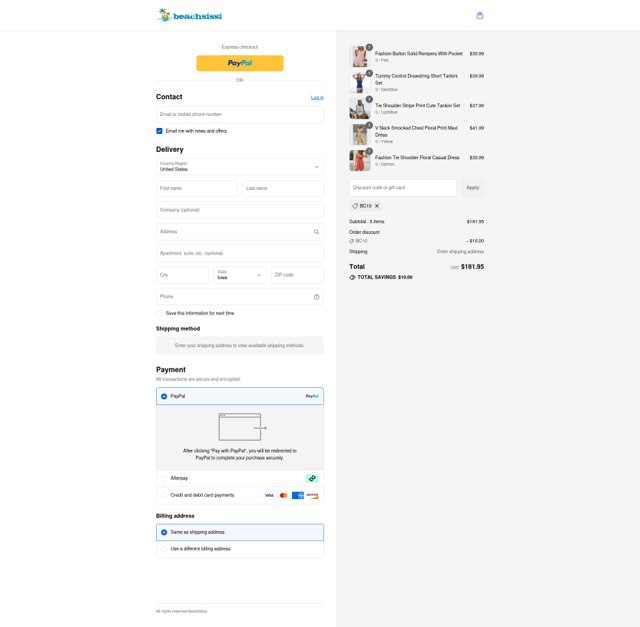 Beachsissi checkout page showing Beachsissi coupon code box | Screenshot taken by SimplyCodes community member on Aug 29, 2025