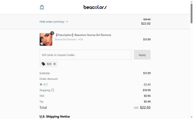 Beacolors checkout page showing Beacolors coupon code box | Screenshot taken by SimplyCodes community member on May 29, 2025