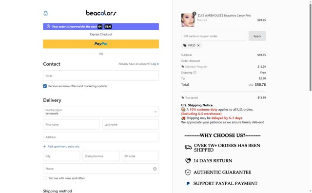Beacolors checkout page showing Beacolors coupon code box | Screenshot taken by SimplyCodes community member on Jun 3, 2025