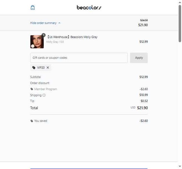 Beacolors checkout page showing Beacolors coupon code box | Screenshot taken by SimplyCodes community member on Jul 4, 2025