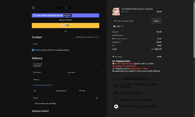 Beacolors checkout page showing Beacolors coupon code box | Screenshot taken by SimplyCodes community member on Jun 3, 2025