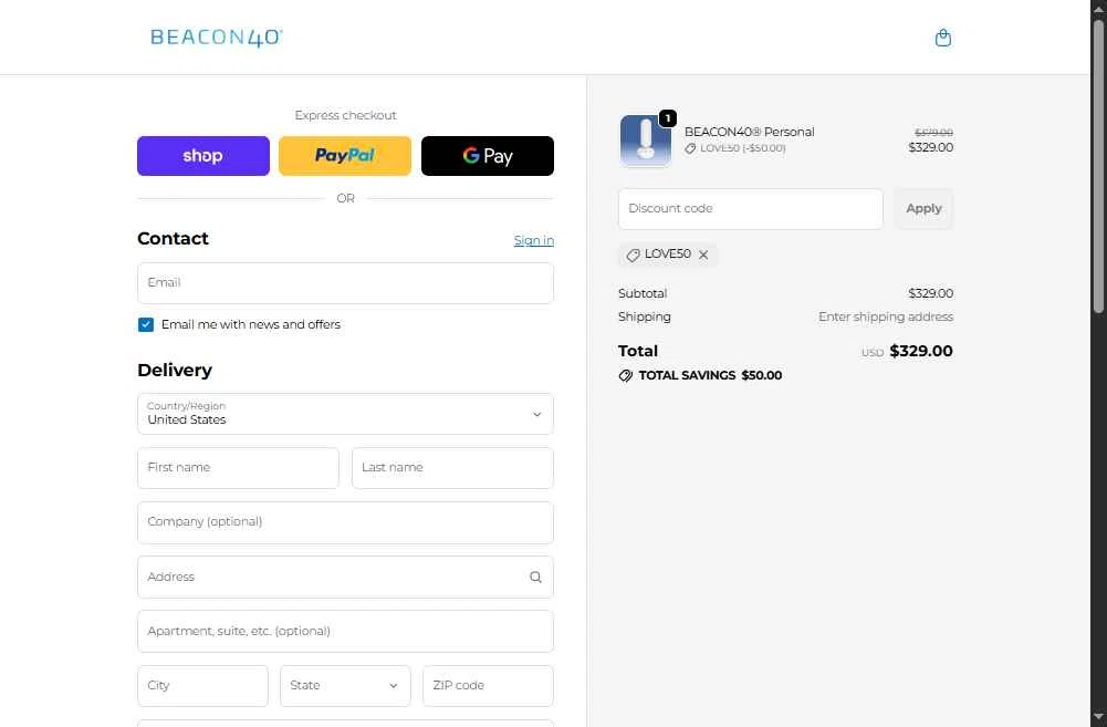 BEACON40 checkout page showing BEACON40 promo code box | Screenshot taken by SimplyCodes community member on Feb 4, 2026