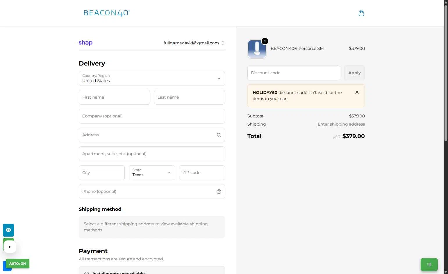 BEACON40 checkout page showing BEACON40 promo code box | Screenshot taken by SimplyCodes community member on Feb 18, 2026