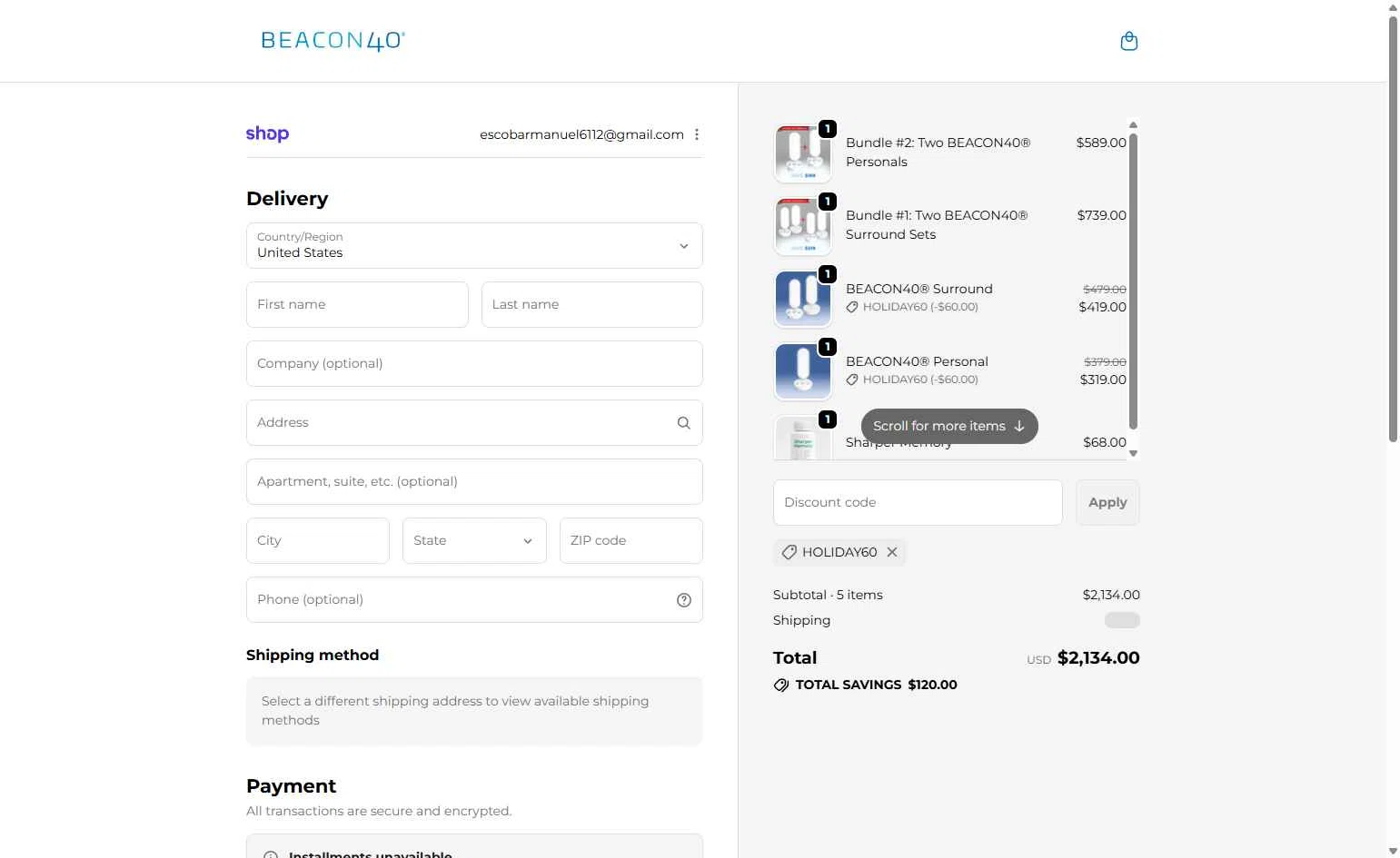 BEACON40 checkout page showing BEACON40 promo code box | Screenshot taken by SimplyCodes community member on Jan 30, 2026