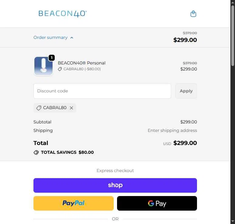 BEACON40 checkout page showing BEACON40 promo code box | Screenshot taken by SimplyCodes community member on Feb 4, 2026